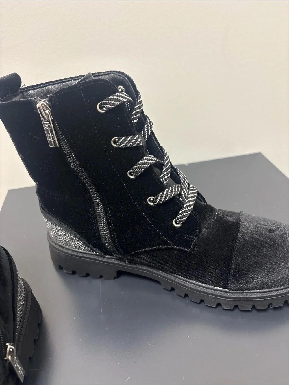 Women's Black Velvet Combat Boots with Contrast Laces